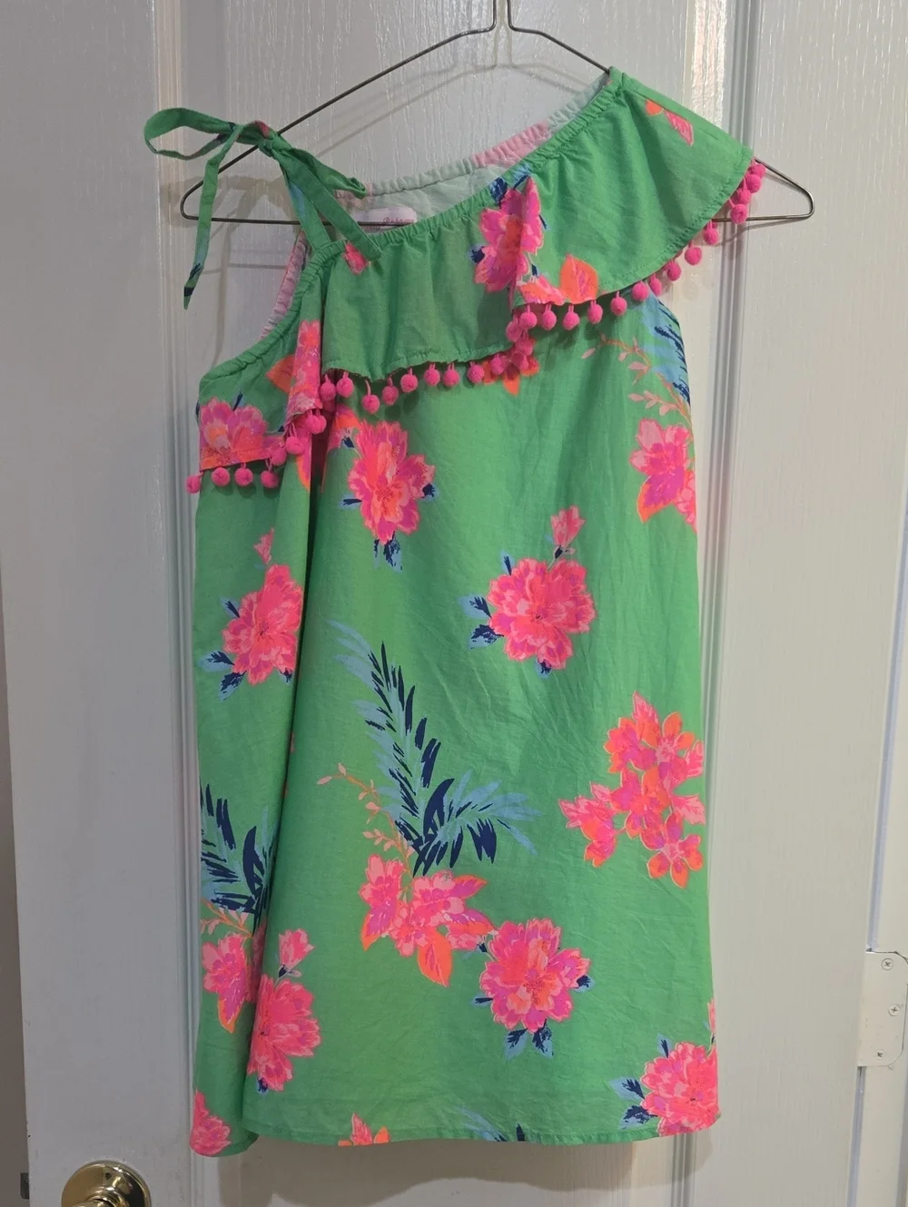 Tommy Bahama Green Floral One-Shoulder Dress with Pink Pom Trim Girls Size 7